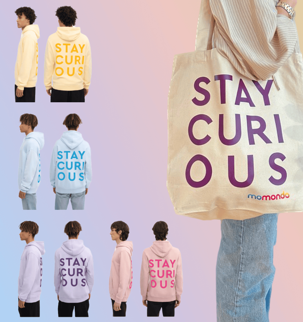 Stay Curious apparel and tote bag merchandise collection