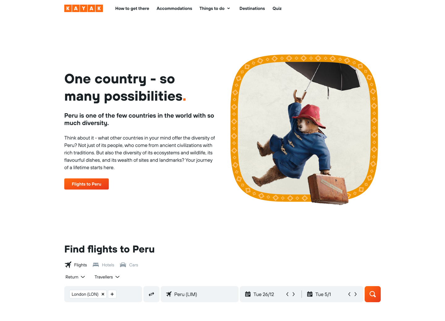 Campaign introduction and KAYAK flight search for Peru