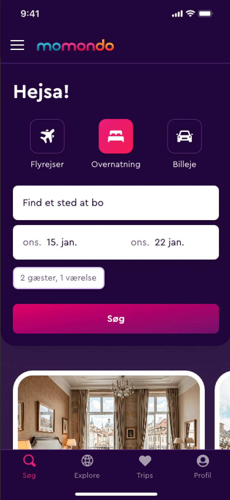 momondo, DK, dark mode, Hotels, FD screen