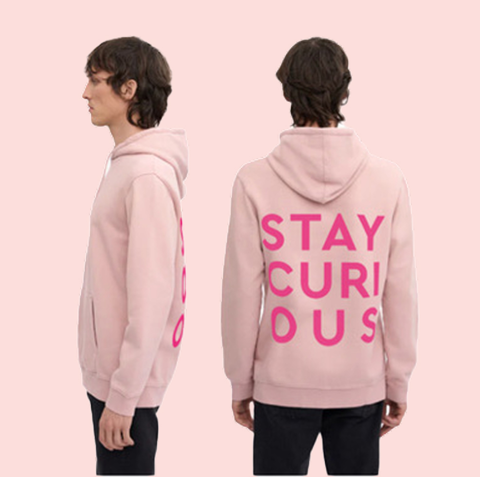 Blush pink Stay Curious hoodie shown from side and back
