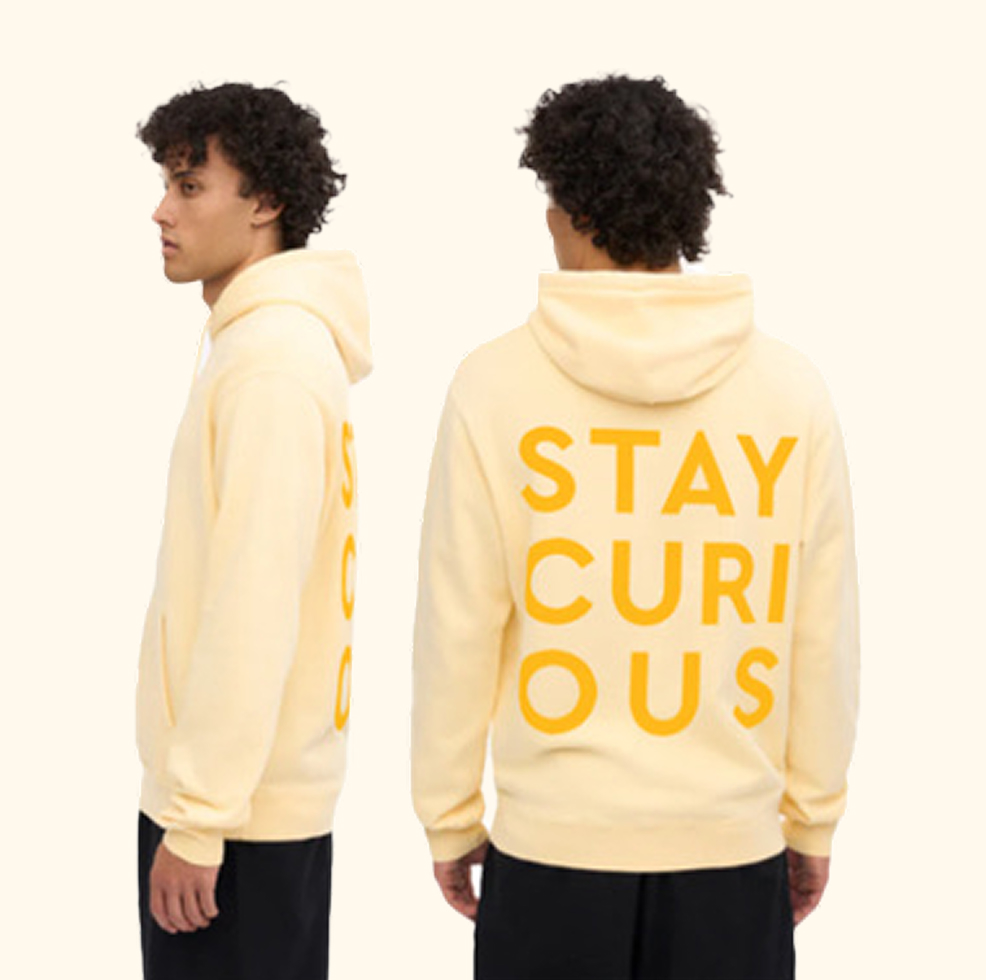 Sunrise yellow Stay Curious hoodie shown from side and back