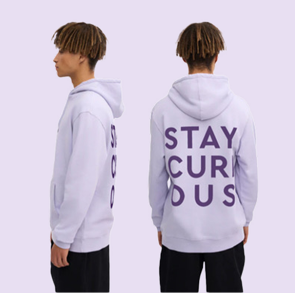 Twilight lilac Stay Curious hoodie shown from side and back