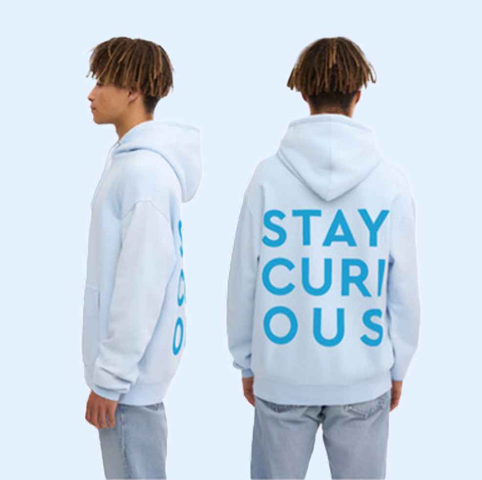 Voyage blue Stay Curious hoodie shown from side and back
