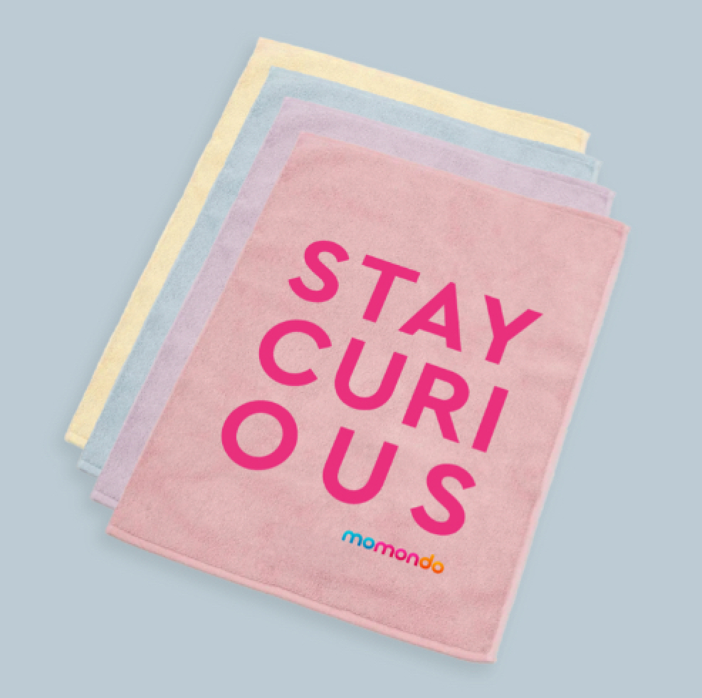 Early pastel Stay Curious towel exploration