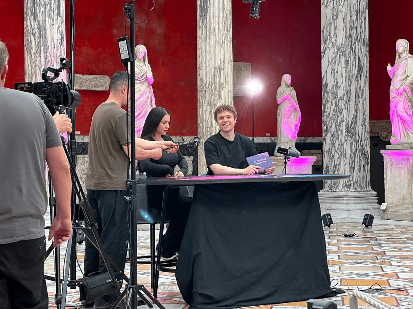 Behind the scenes during filming of the Hvor' du fra? video podcast