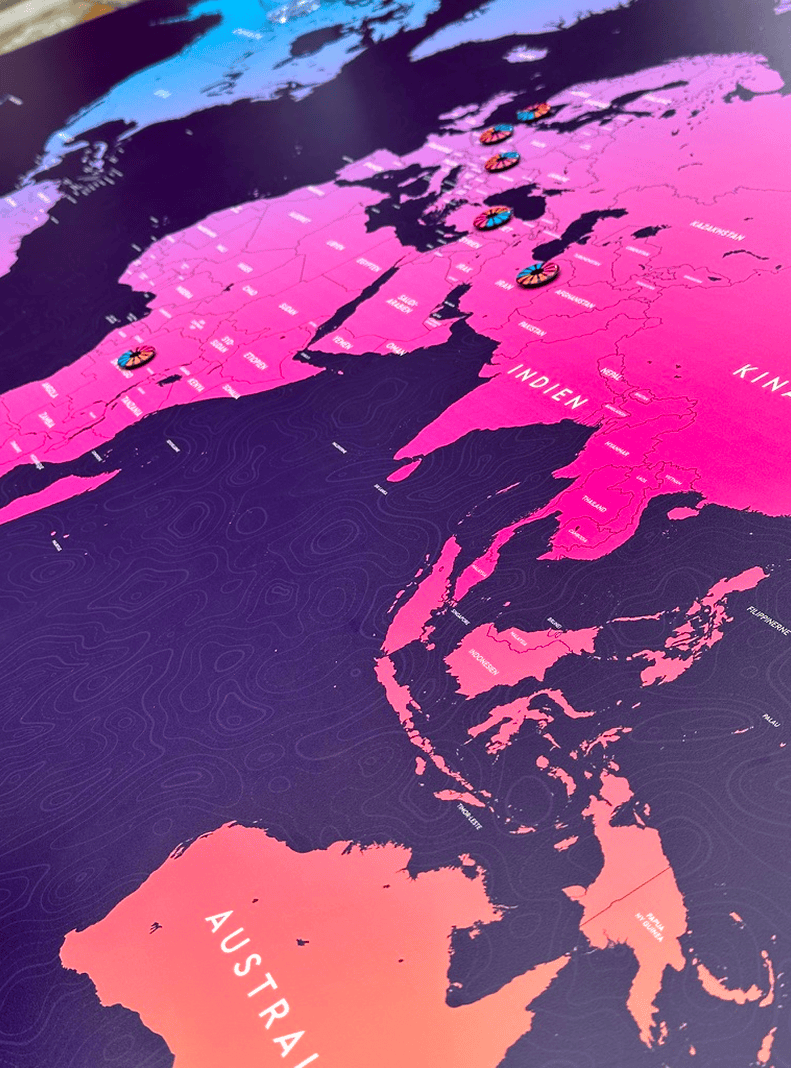 Detail of the custom world map table used in the podcast set